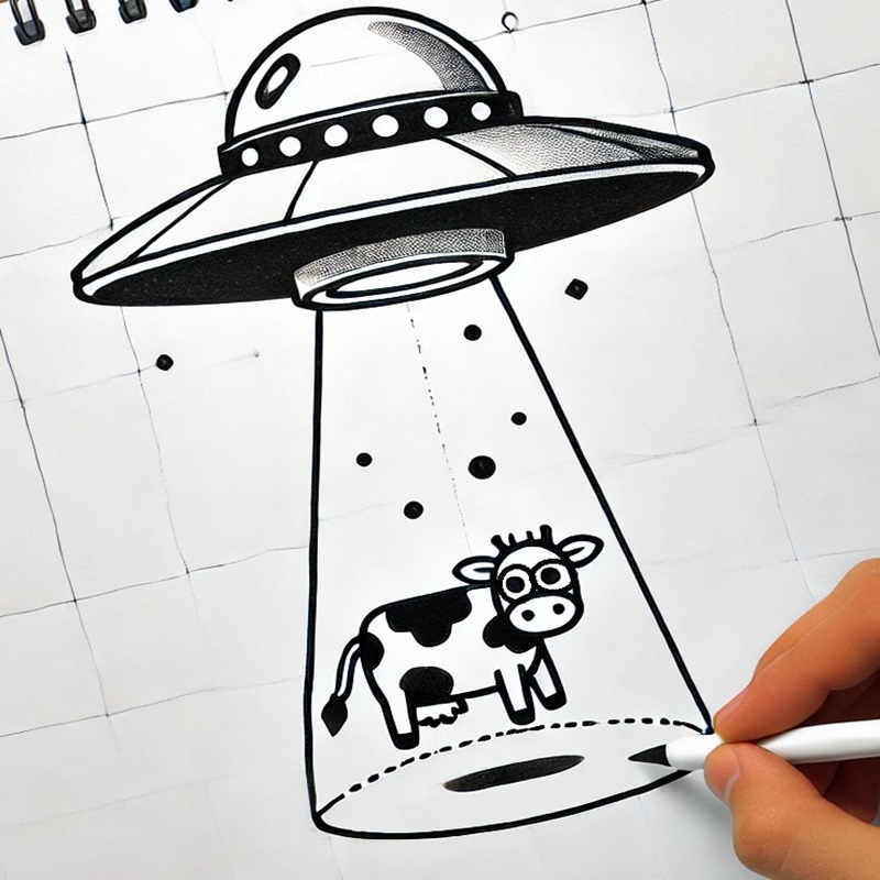 fun simple drawing of ufo abduction of cow